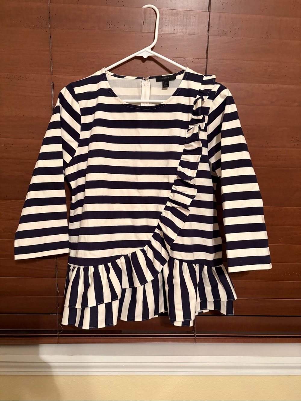 J. Crew Navy and White Striped Ruffle Peplum Top